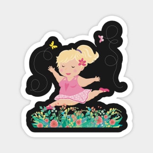 The chubby cute ballerina dances in the flower meadow, enjoying every moment, no text Magnet