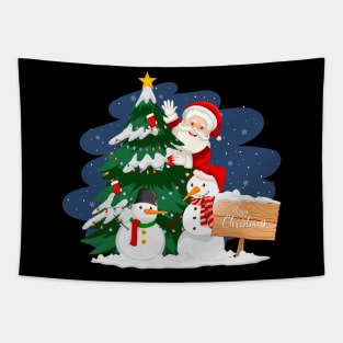 Santa claus with christmas tree and snowman at night Tapestry