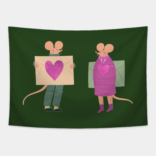 Cute mouse couple with love letter Tapestry by iulistration