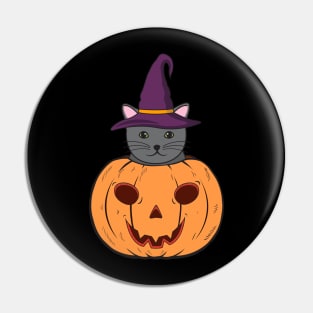 Halloween Cute Cat With Witch Hat Stuck In A Pumpkin Head. Pin