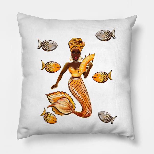 Queen Black is beautiful Anime Manga black mermaid and fishes in ocean blue. Gold headscarf, necklace, earrings, gold dress and head wrap, brown eyes and dark brown skin ! Pillow by Artonmytee