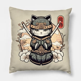 Samurai Cat Tattoo, Kawaii Ninja Cat Pillow