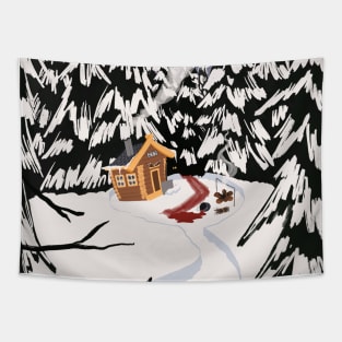 Eerie Winter Wonderland Forest Log Cabin Crime Scene Tapestry