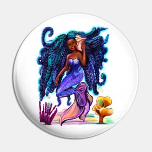 mermaid with flowing braids , sea shell, coral 2 , brown eyes curly Afro hair and caramel brown skin Pin