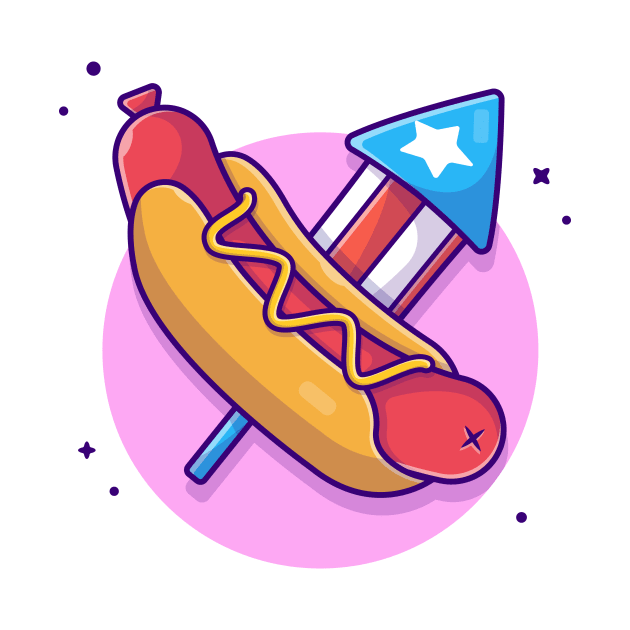 Tasty Hotdog USA Independence Day and Fireworks Cartoon Vector Icon Illustration by Catalyst Labs