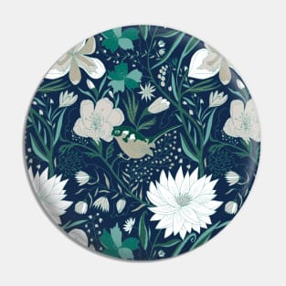 Floral garden with bird navy blue, green and neutral Pin