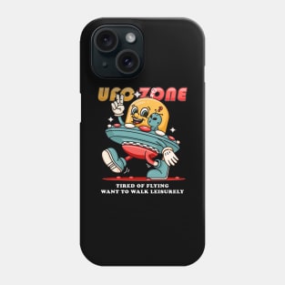 Ufo Zone, a cartoon alien mascot carrying a leisurely walking ufo Phone Case