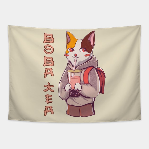 Kawaii anime cat drinking boba tea Tapestry by heidiki.png