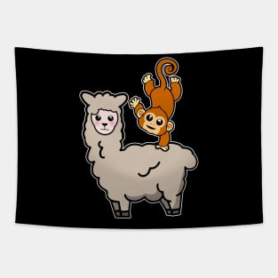 Funny Monkey Riding on Llama Cute Monkeying Around Tapestry