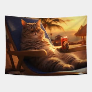 Vacation Vibes - Chilled Cat at Sunset Tapestry