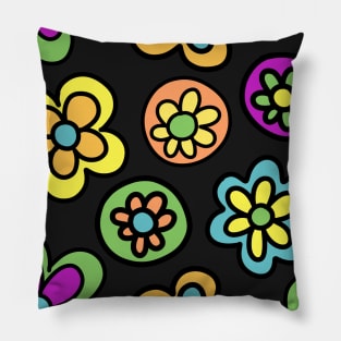 Colorful 70’s Style Flower Cartoon Pattern (in green, orange, yellow, blue,and magenta) on a Black Backdrop, made by EndlessEmporium Pillow