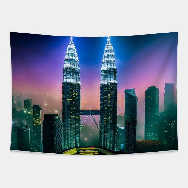 Malaysia, Petronas Twin Towers,city Tapestry by cloudart2868