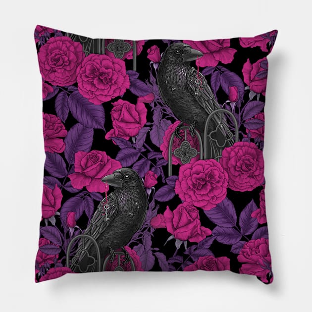 Ravens and magenta roses Pillow by katerinamk