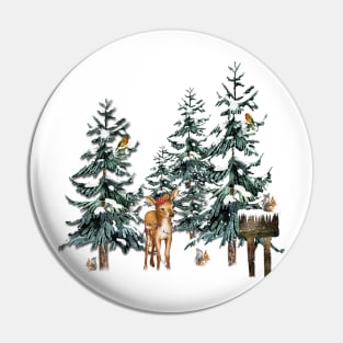 Winter Forest Deer Squirrels Pin