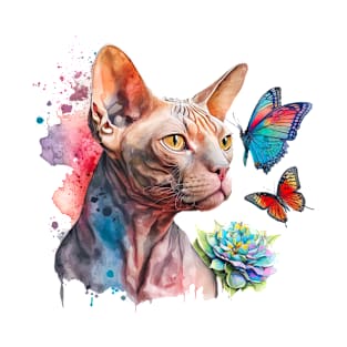 Watercolor Sphynx Cat Canadian Sphynx With Butterflies T-Shirt