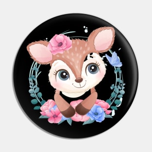 Cute little deer portrait with floral Pin