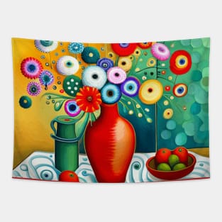 Cute Abstract Flowers in a Red Vase Still Life Painting Tapestry