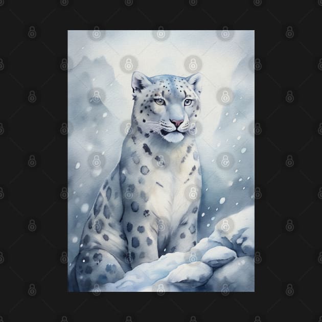 A Proud Snow Leopard Went Hunting, in the Snowy forest, Hight Mountains, Snow Falling, Winter Landscape, Wildlife White Panthera, Watercolor Realistic Illustration, Art, Portrait, Poster, Shirt, Christmas Holiday, Birthday gifts, Hunting lover by sofiartmedia