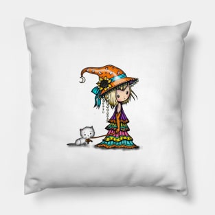 Little Wanderer Witch with Cat Art Pillow