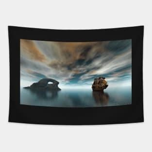 Pirate ship near a rocks formation Island Tapestry