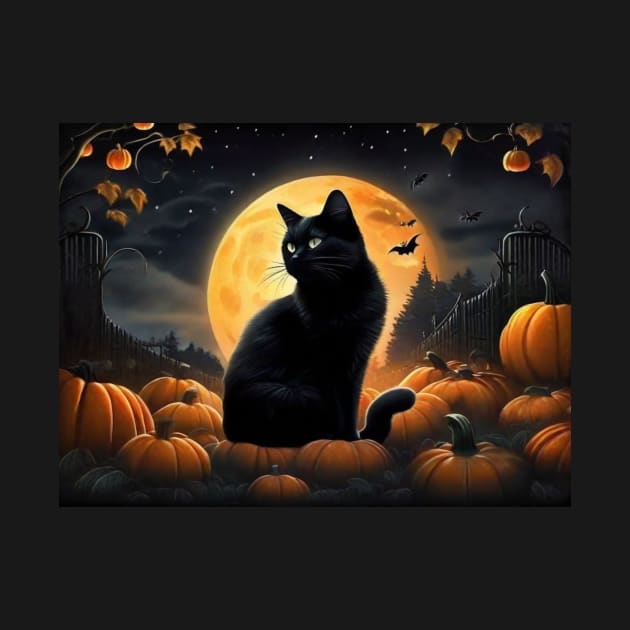 Black Halloween cat in a pumpkin patch by Love of animals