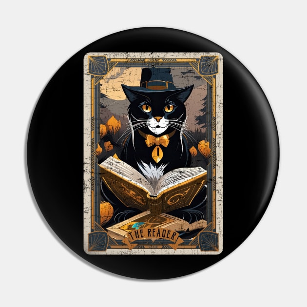 The Reader Retro Black Cat Halloween Tarot Card Pin by DanielLiamGill