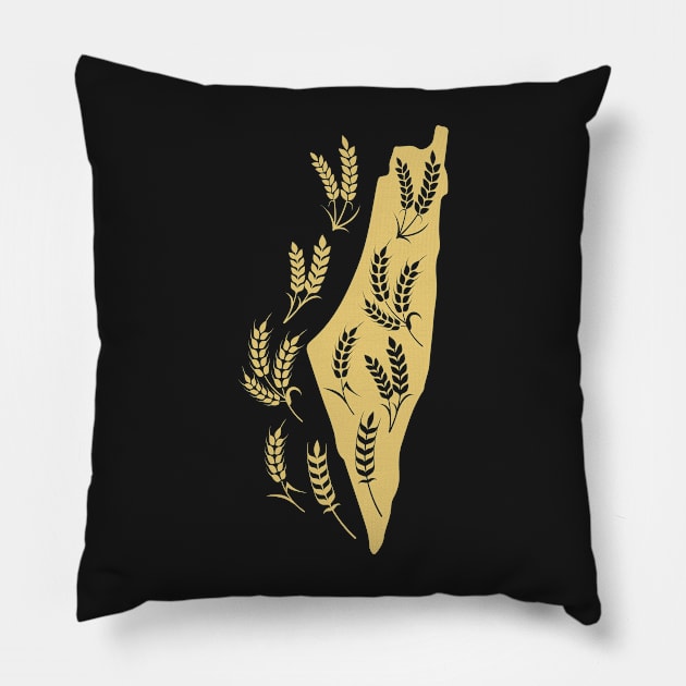 Map of Palestine Designed with Wheat Spikes Sunbula the Symbol of Freedom and Endless Giving- gld Pillow by QualiTshirt