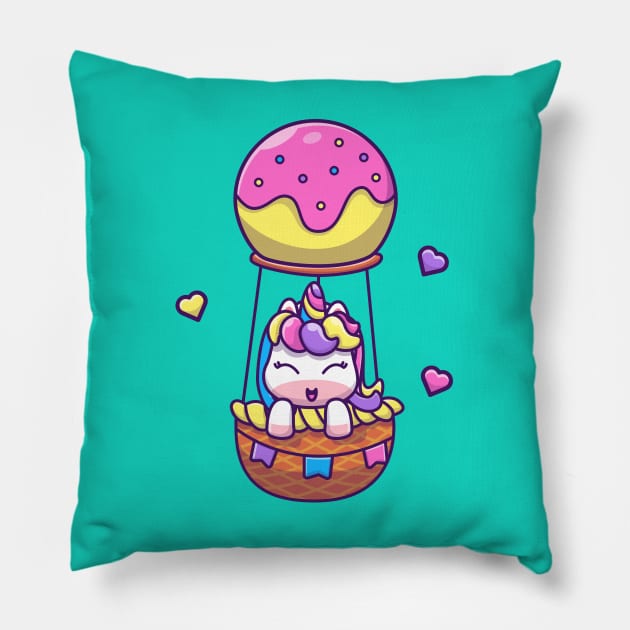 Cute Unicorn Flying With Hot Air Balloon Cartoon Pillow by Catalyst Labs