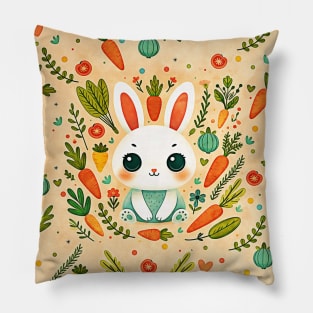 cute rabbit surrounded by flowers, plants and carrots, Scandinavian style Pillow