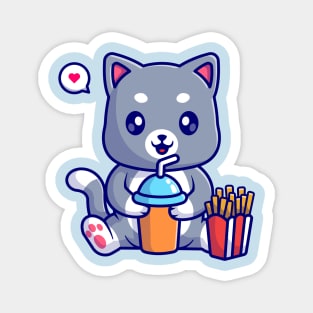 Cute Cat Drink Soda And Eating French Fries Cartoon Magnet