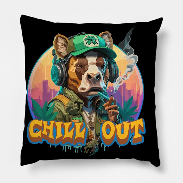 Pop Culture Bull in Hip Hop Gear smoking weed Pillow by diegotorres