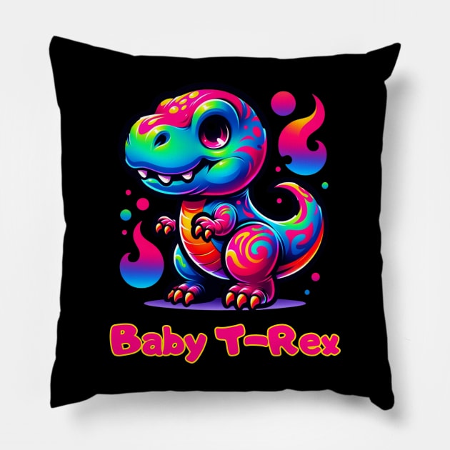 Baby T-Rex Cute Neon Dinosaur Kawaii Chibi Pillow by Lavender Celeste