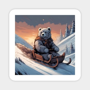 Teddy on a sledge riding down a hill in the snow Magnet