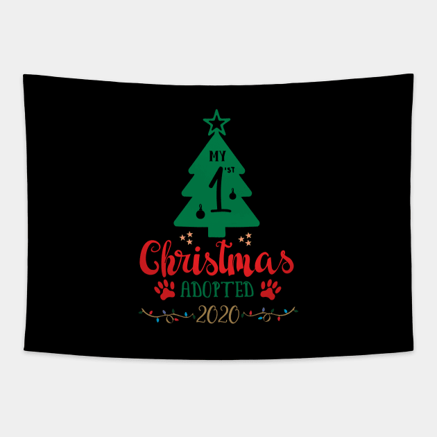 My First Christmas Adopted 2020, Xmas Tree Ugly Pajamas Gift Tapestry by Printofi.com