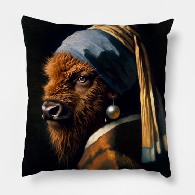 Wildlife Conservation - Pearl Earring American Bison Meme Pillow by Edd Paint Something
