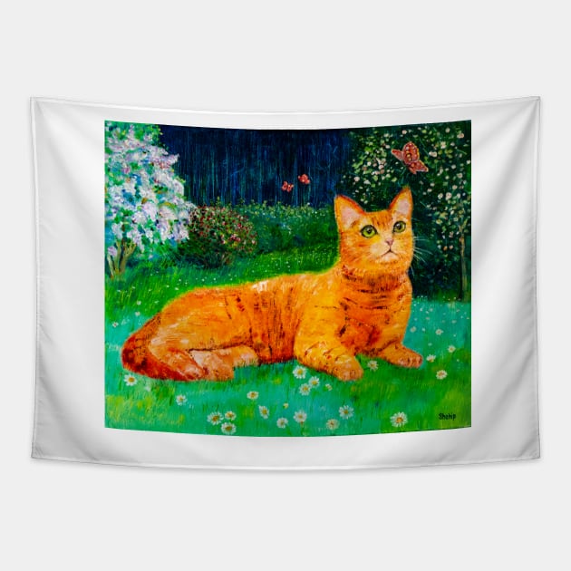 Ginger cat in spring garden Tapestry by NataliaShchip