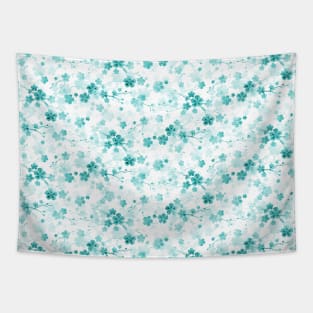 Mini Aqua Blue Pastel Watercolor Cherry Blossom Flowers and Vines Tapestry