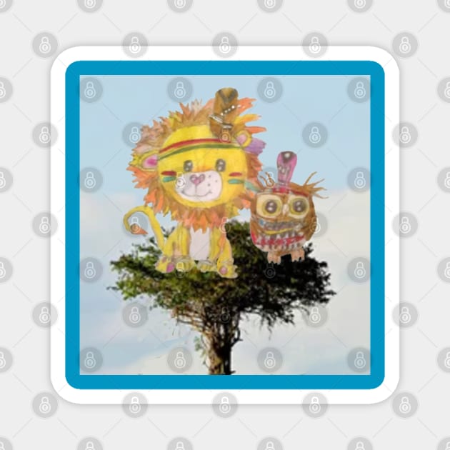 Little Lion and Owl Playing Indians Magnet by Mila-Ola_Art