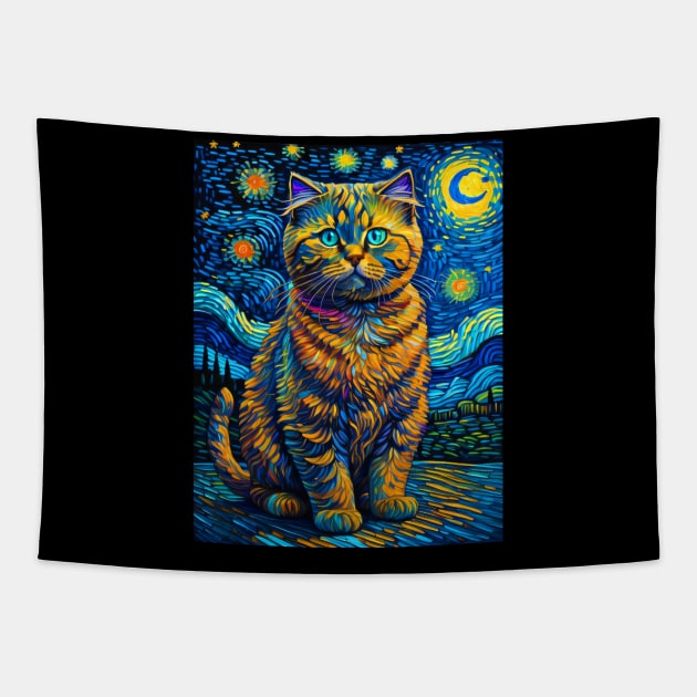 The Scottist Fold Cat in starry night Tapestry by FUN GOGH