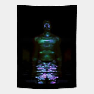 Portrait, digital collage and special processing. Muscular weird guy in briefs. Darkness. Glow. Tapestry