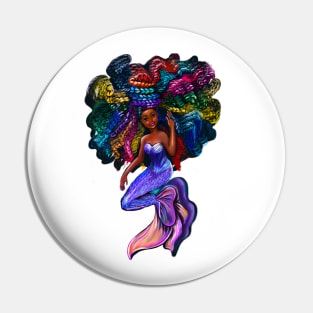 African American mermaid with flowing rainbow braids 2, brown eyes curly Afro hair and caramel brown skin Pin