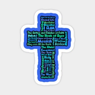 Funky Blue and Green Retro Style Names of Jesus Cross Magnet