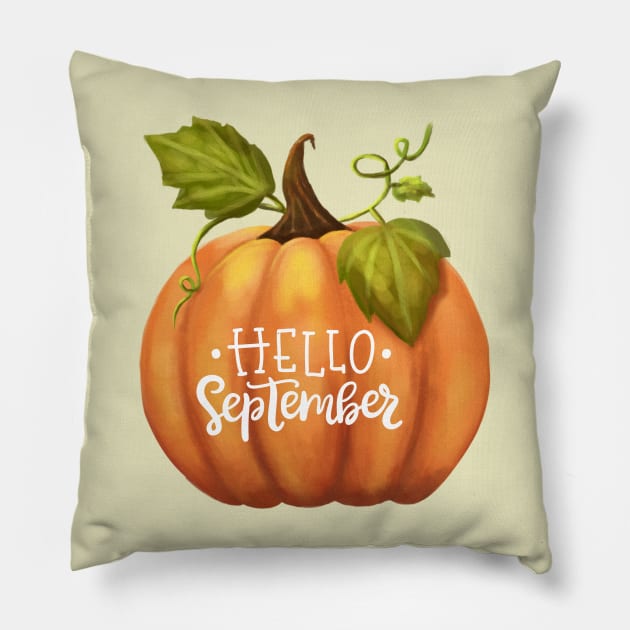 Hello September Fall Season Pumpkin Back to School Pillow by BellaPixel