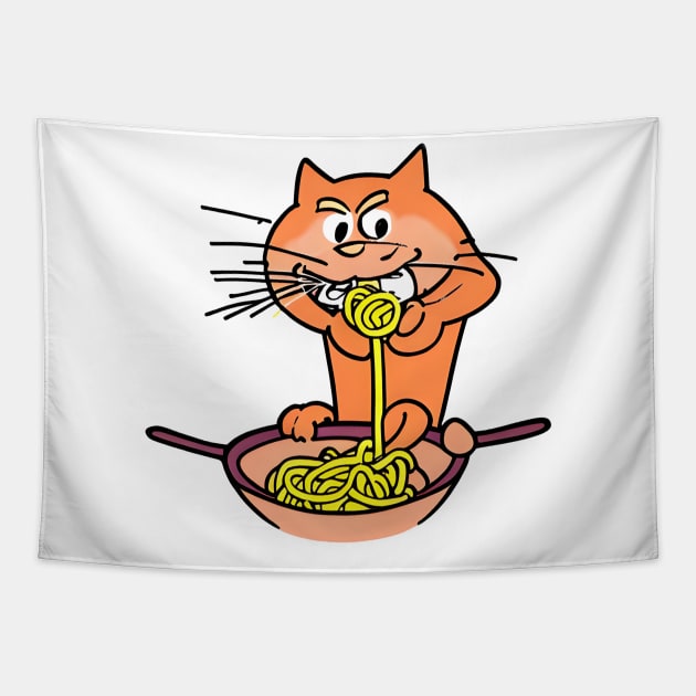 Cat Eating Spaghetti, Cat Eating Ramen - Funny Cute Cat Tapestry by 1FunLife