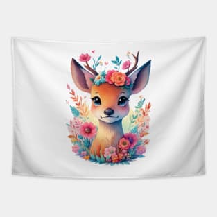 Colorful Floral Cute Baby Deer Tapestry
