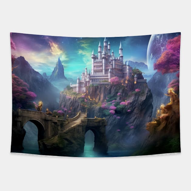 Fortress Castle Otherworldly Dimension Fantastic Landscape Surrealist Tapestry by Cubebox