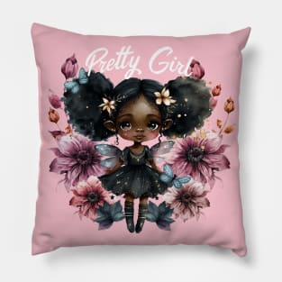 Pretty Black Girl Fairy with Pink Flowers Pillow