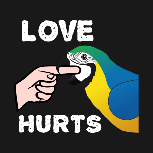 Love Hurts Blue and Gold Macaw Parrot biting T-Shirt