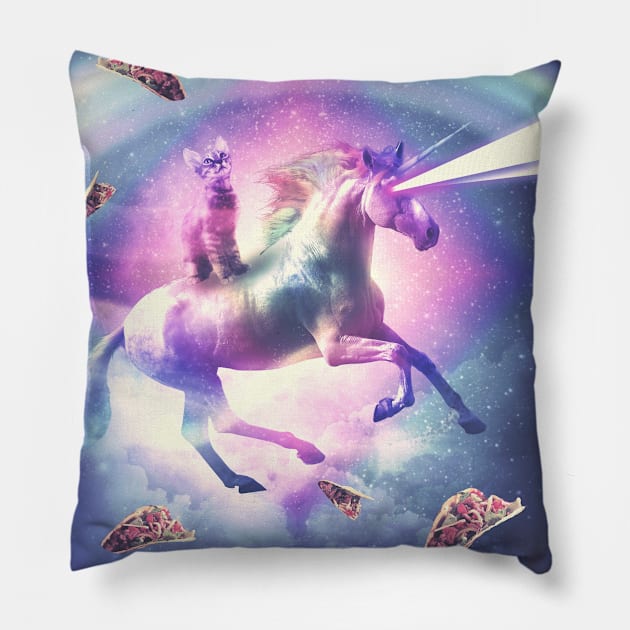 Space Cat Riding Unicorn - Laser, Tacos And Rainbow Pillow by Random Galaxy