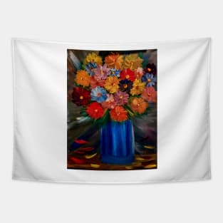 Some a lovely simple bouquet of flowers in blue vase Painted on a metallic gold and multiple colors blend. Tapestry